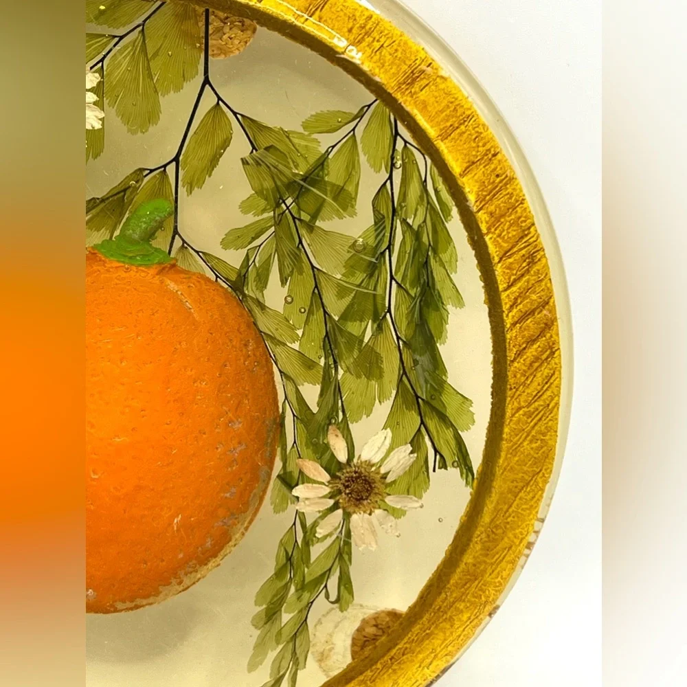 Vintage Lucite Acrylic Pressed Flowers Mandarin Round Trivet 5 in Diameter